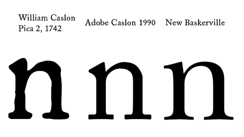 左起:William Caslon 原始字樣 (1742)、Adobe Caslon Pro (1990)、New Baskerville。數位時代復刻的 Caslon 風味字體中,最有名的莫過於 Adobe Caslon Pro(由 Carol Twombly 繪製)了。(Source: William Berkson)