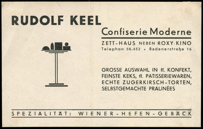 Rudolf Keel(一間位於蘇黎世的糕點店)於 1935 年的廣告。除了字體使用 Erbar 之外,其插圖與排版也深受包浩斯風格影響。Source: Philipp Messner