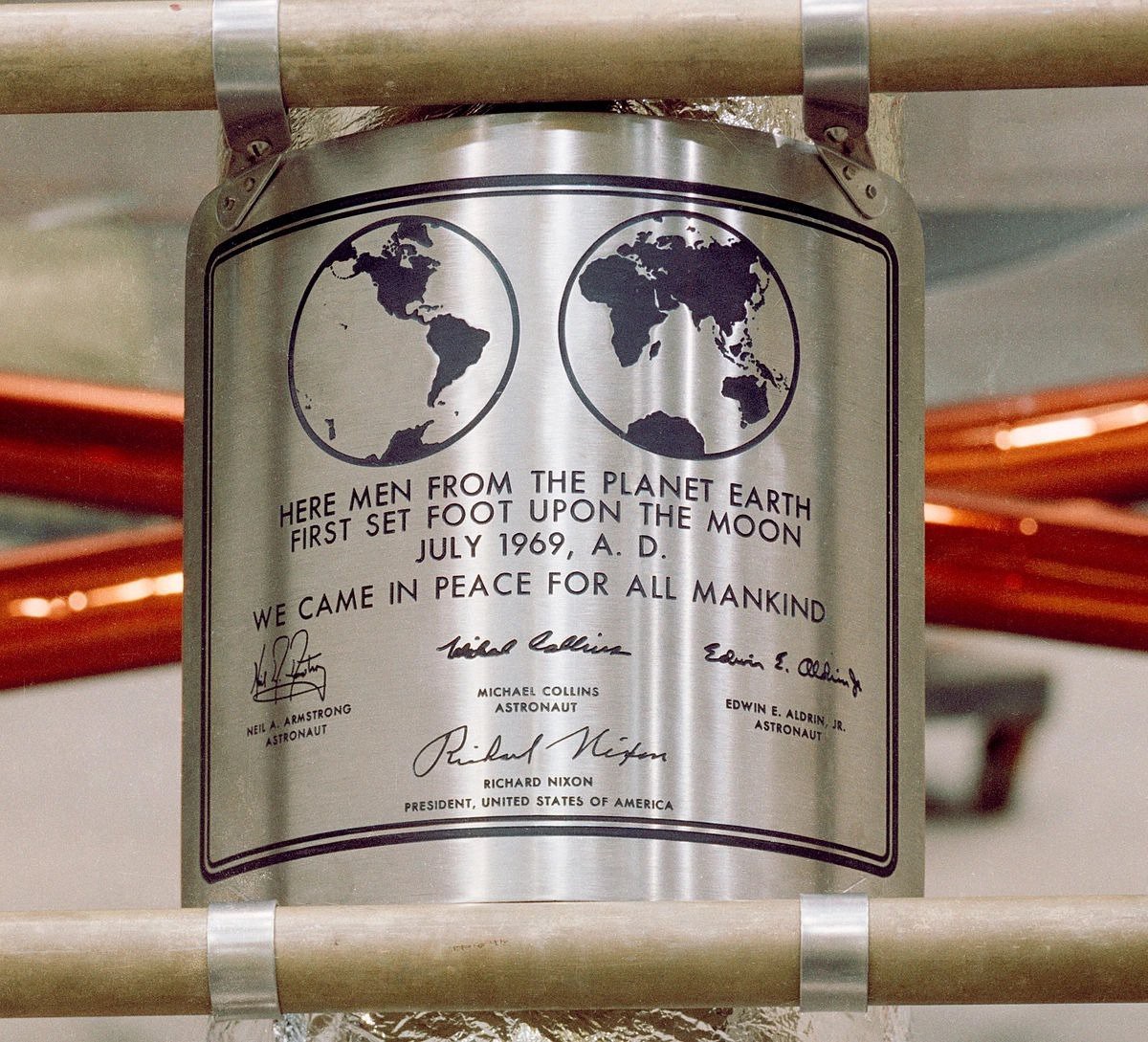 Here men from the planet Earth first set foot upon the Moon July 1969, A.D. We came in peace for all mankind.