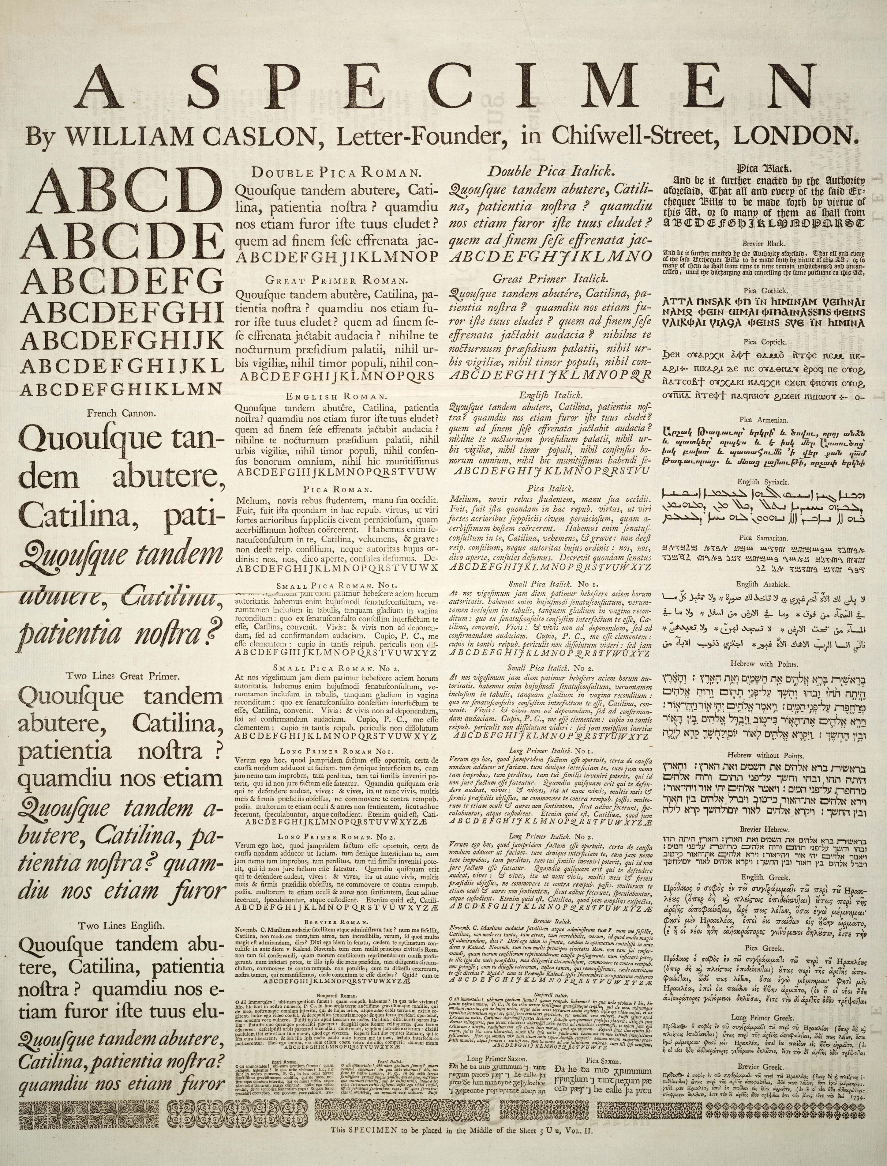 除了來自 Andrews 鑄字廠的 French Cannon(左一欄第二列)、Polyglot Foundry 的 English Syriac(右一欄第六列)、由 Dummers 設計的 Pica Samaritan(右一欄第七列)之外,其他字體均由 Caslon 設計。(Source: Caslon Ltd. @ http://www.caslon.co.uk/Caslon_Specimen.jpg )