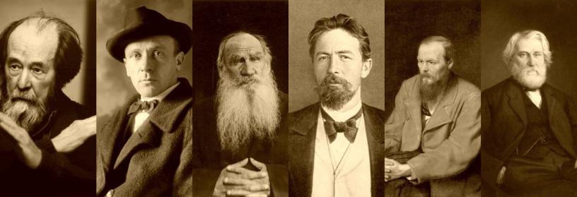 由左至右:Aleksandr Solzhenitsyn (1918-2008),諾貝爾文學獎得主,著有《伊凡·傑尼索維奇的一天》;Mikhail Bulgakov (1891-1940),著有《大師與瑪格麗特》(Мастер и Маргарита);托爾斯泰;Anton Pavlovich Chekhov,著有《六號病房》(Палата No. 6);杜斯妥也夫斯基;屠格涅夫。